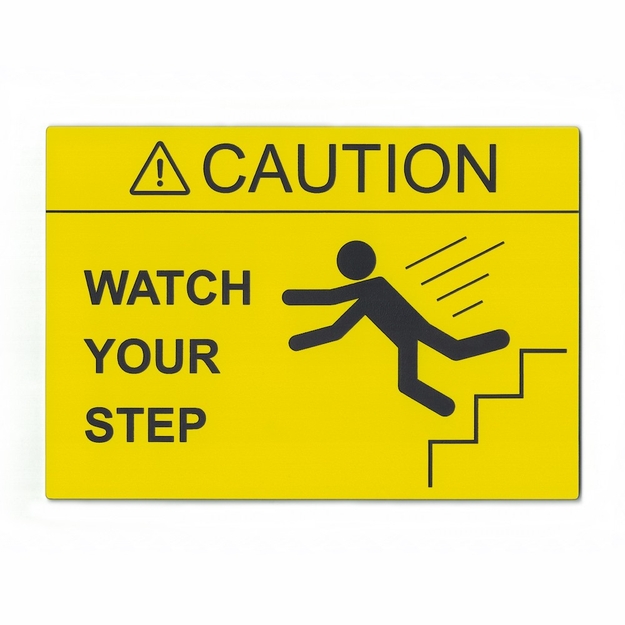 Yellow/black placard with verbiage and a falling person figure