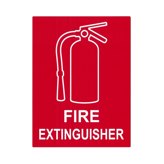 Red/white placard displaying verbiage and a fire extinguisher graphic