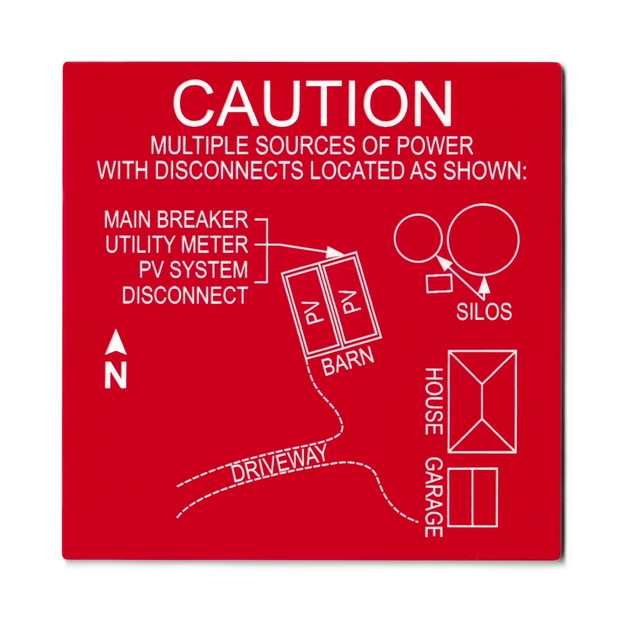 Red/white placard featuring a solar site map