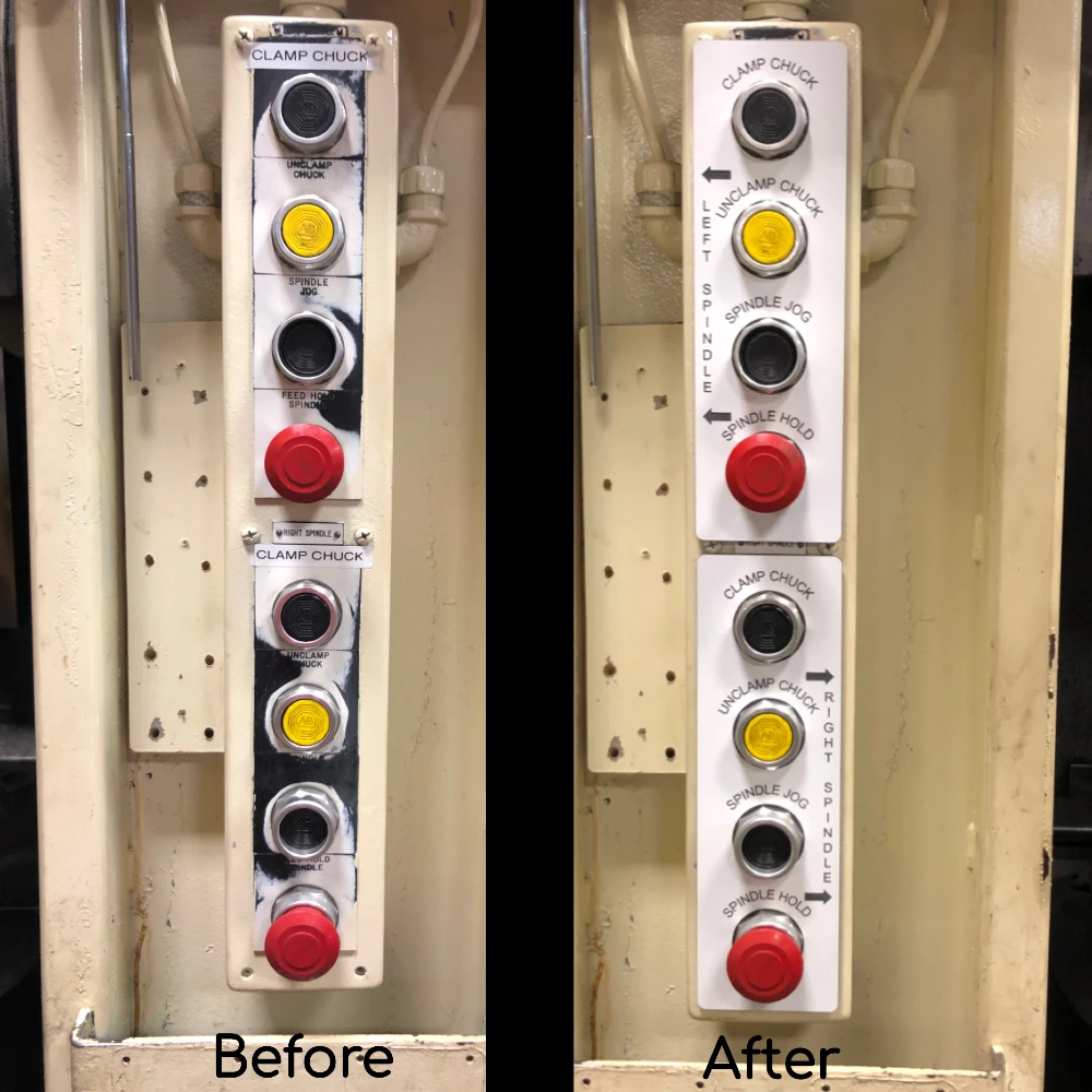 Before-and-after of a control panel, showcasing the original, heavily worn labeling replaced with improved covers